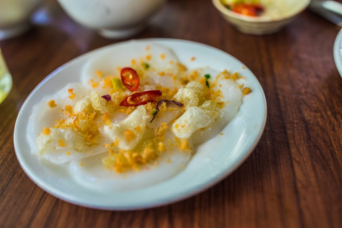 Bánh bèo rice cakes served in small dishes in Hue